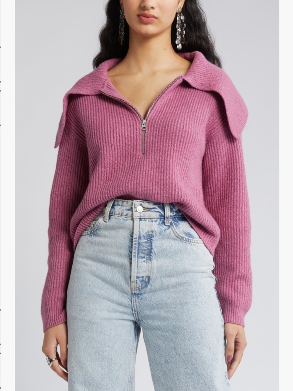 Ribbed Half-Zip Sweater in Dusty Rose
